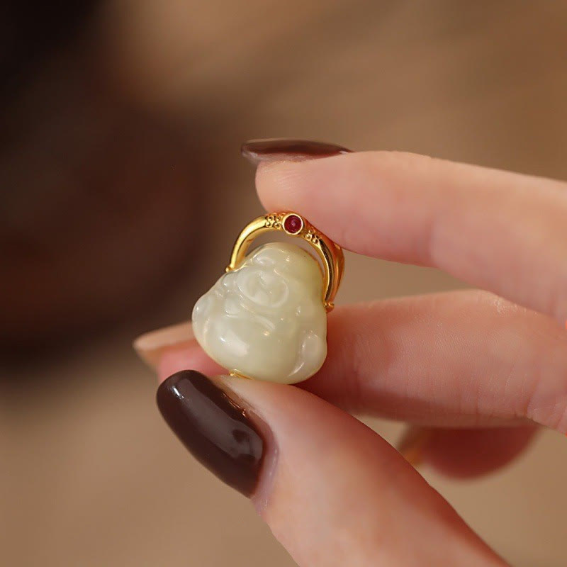 Halskette mit lachendem Buddha aus Hetian-Jade für Fülle, 925er Silber