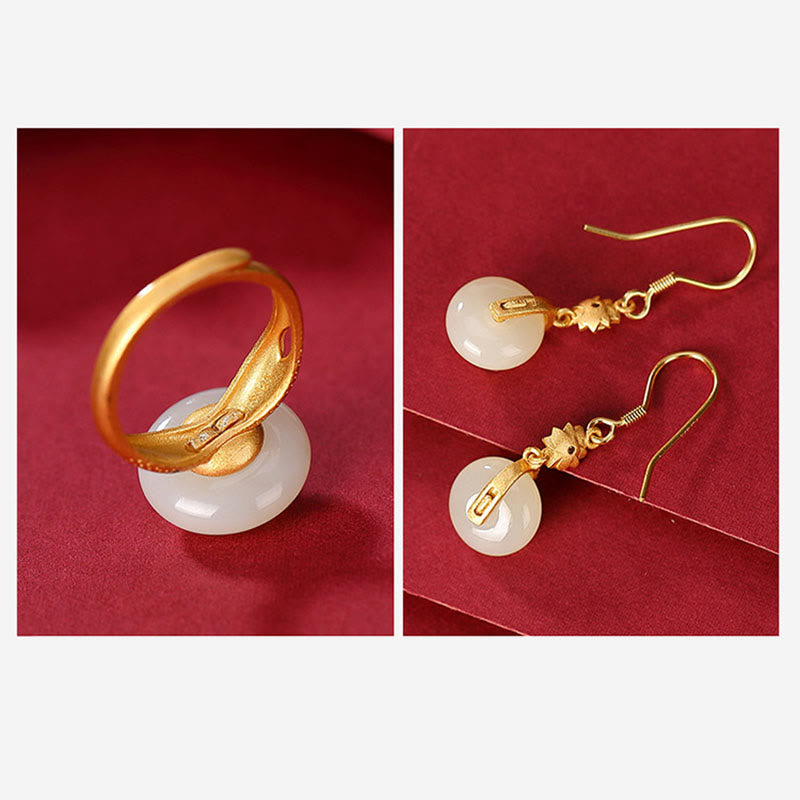 Hetian Jade Lotus Ring &amp; Ohrringe Set | Gold Silber Spirituelles Glück