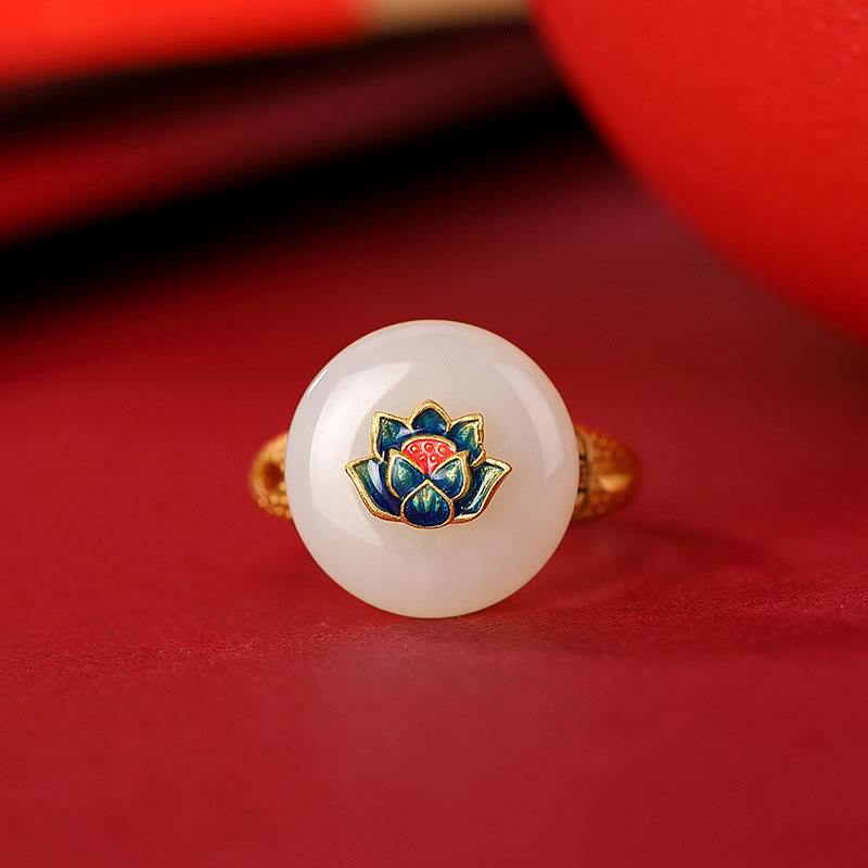 Hetian Jade Lotus Ring &amp; Ohrringe Set | Gold Silber Spirituelles Glück