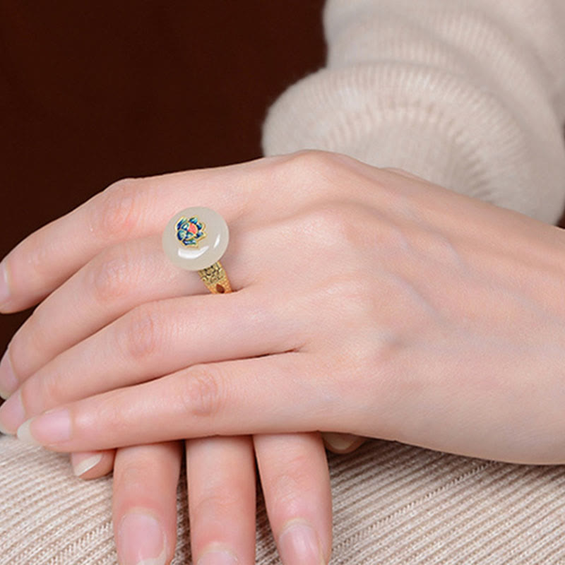 Hetian Jade Lotus Ring &amp; Ohrringe Set | Gold Silber Spirituelles Glück