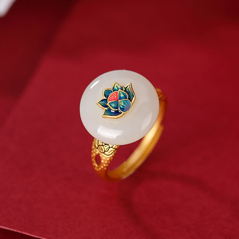 Hetian Jade Lotus Ring &amp; Ohrringe Set | Gold Silber Spirituelles Glück