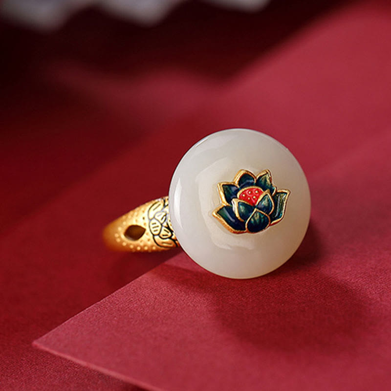 Hetian Jade Lotus Ring &amp; Ohrringe Set | Gold Silber Spirituelles Glück