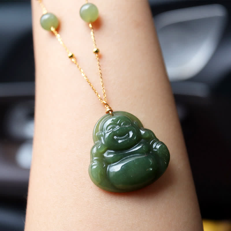 Glückskette aus Hetian-Jade mit Anhänger „Lachender Buddha“