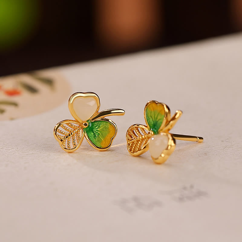 Hetian Jade Glück Kleeblatt Halskette &amp; Ohrringe Set