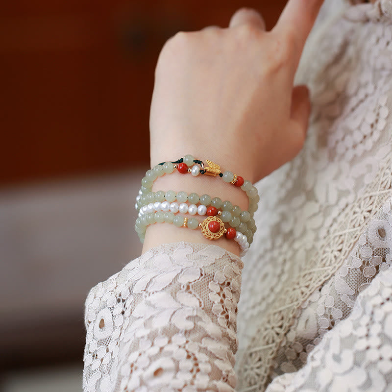 Glücksarmband aus Hetian-Jade und Perle | Sterlingsilber vergoldet