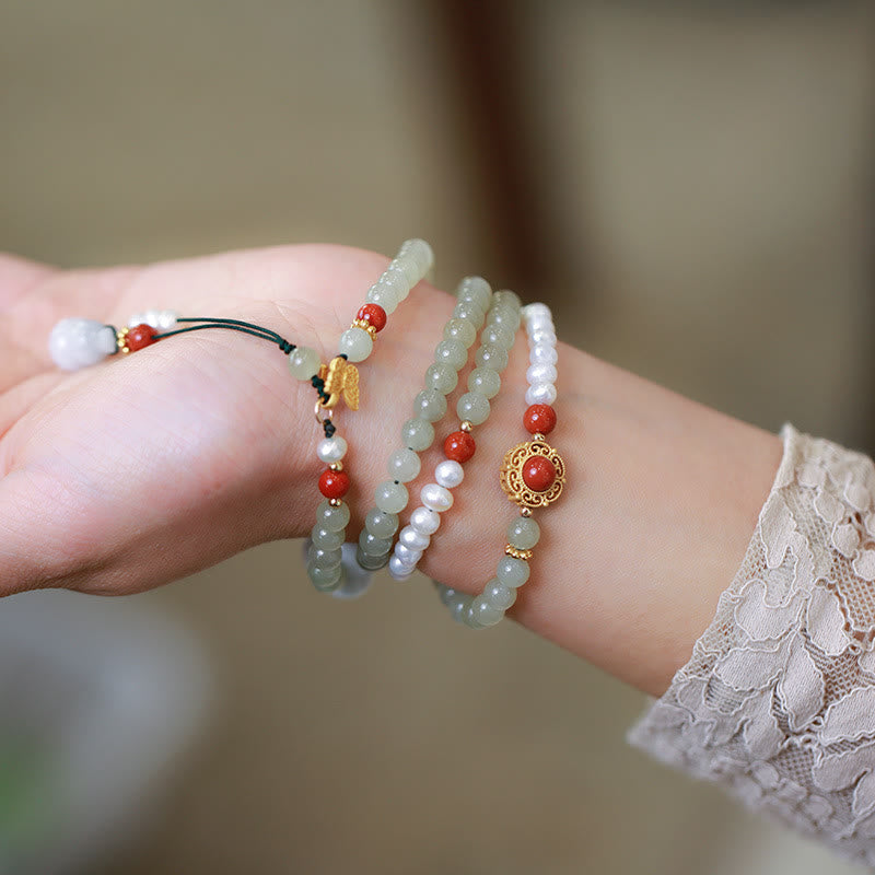 Glücksarmband aus Hetian-Jade und Perle | Sterlingsilber vergoldet