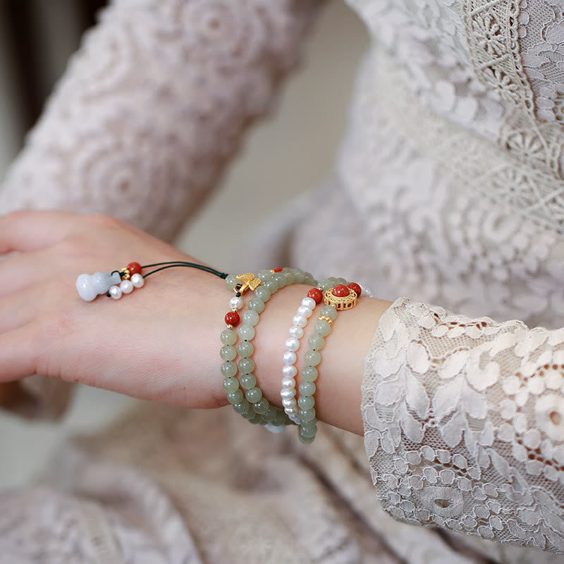 Glücksarmband aus Hetian-Jade und Perle | Sterlingsilber vergoldet