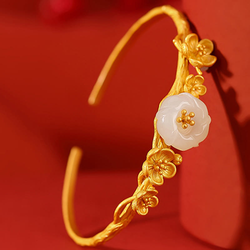 Hetian Jade Pflaumenblüte Glück Halskette Armband Ring Set