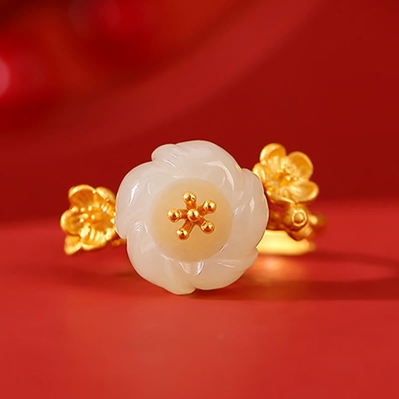 Hetian Jade Pflaumenblüte Glück Halskette Armband Ring Set