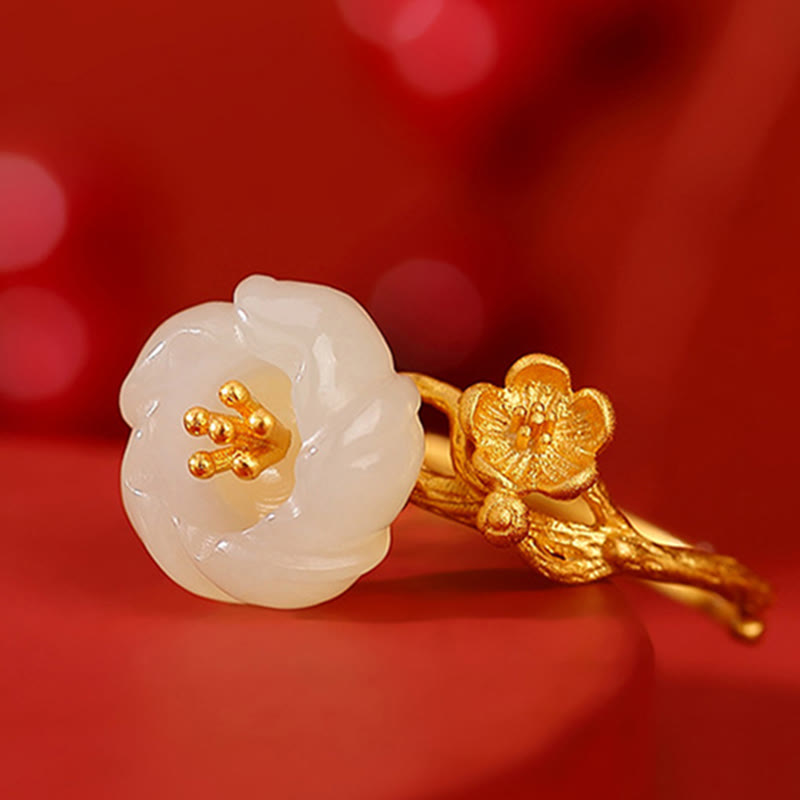 Hetian Jade Pflaumenblüte Glück Halskette Armband Ring Set