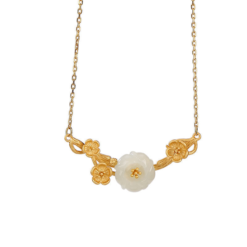 Hetian Jade Pflaumenblüte Glück Halskette Armband Ring Set