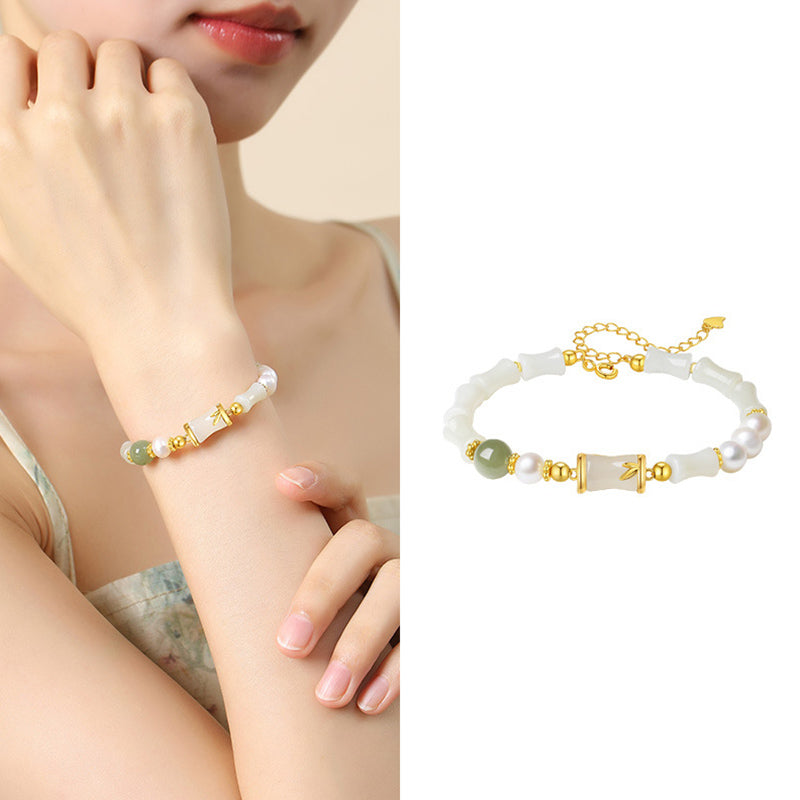 Hetian White Jade Armband | Sterling Silber Bambus Glückssegen