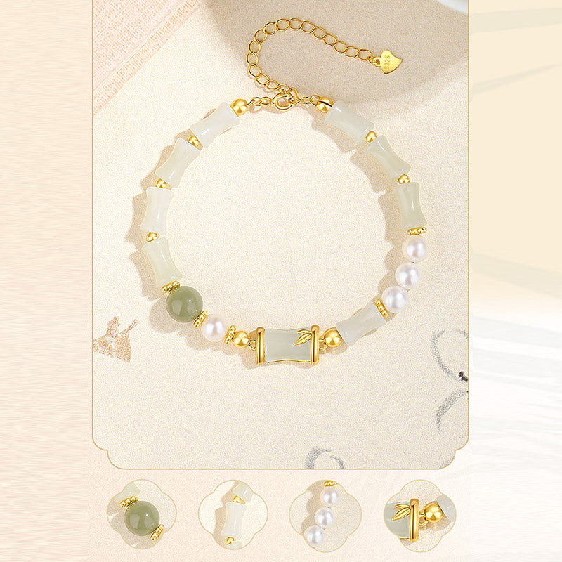 Hetian White Jade Armband | Sterling Silber Bambus Glückssegen