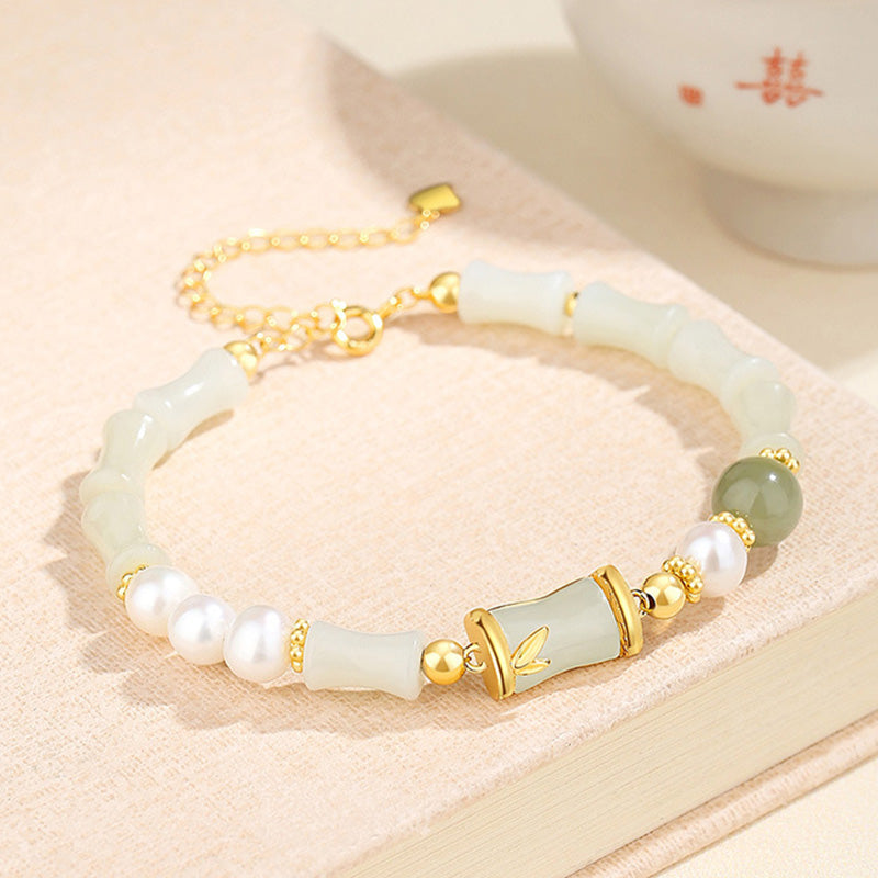 Hetian White Jade Armband | Sterling Silber Bambus Glückssegen