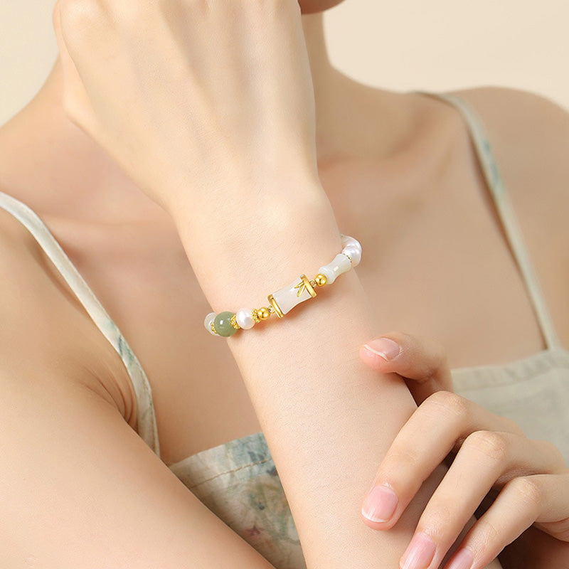 Hetian White Jade Armband | Sterling Silber Bambus Glückssegen