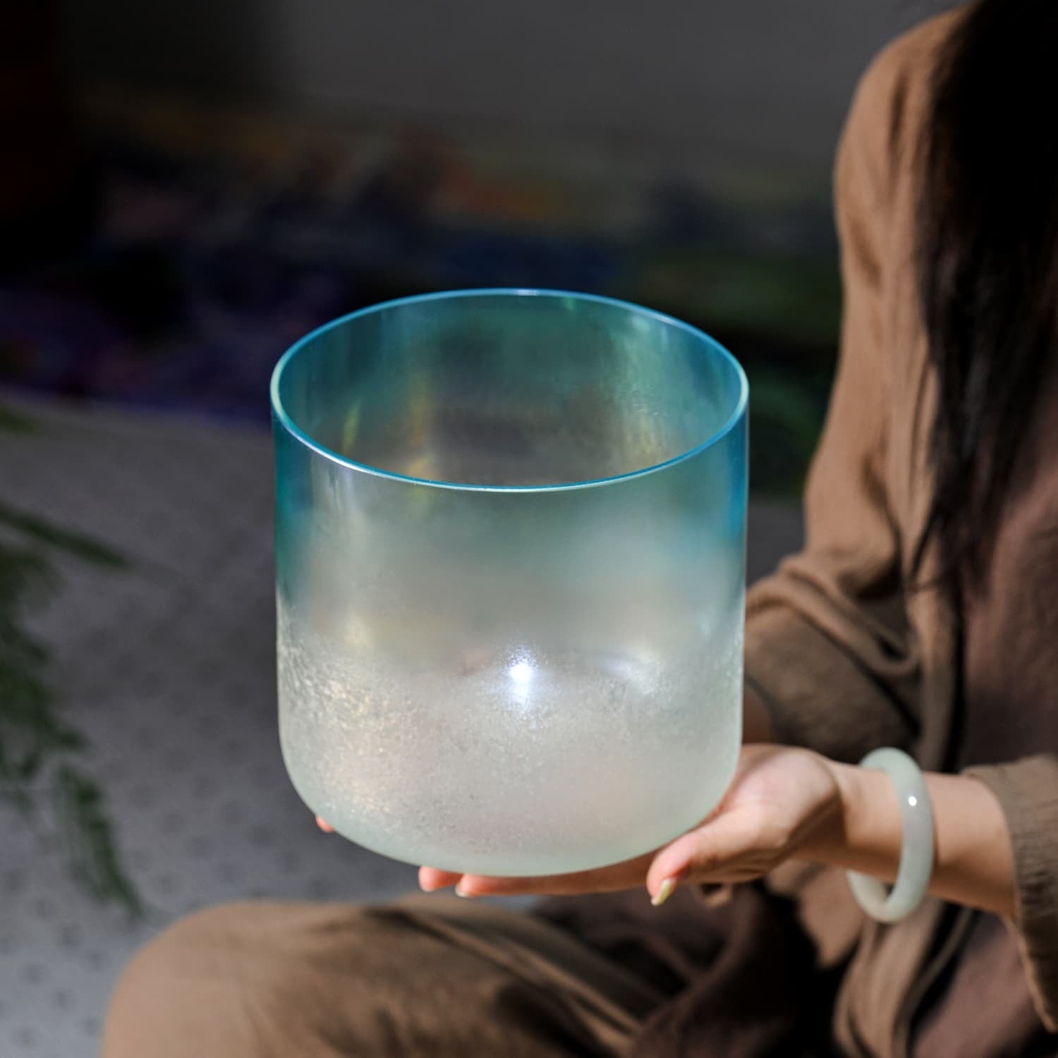 Frosted crystal singing bowl with turquoise rim, Ice Green for sound healing therapy