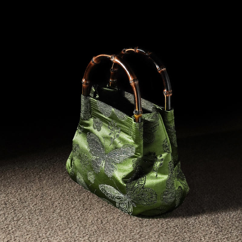 Jacquard-Tasche mit Schmetterlingsblumen und Bambusgriff | Spirituelles Accessoire