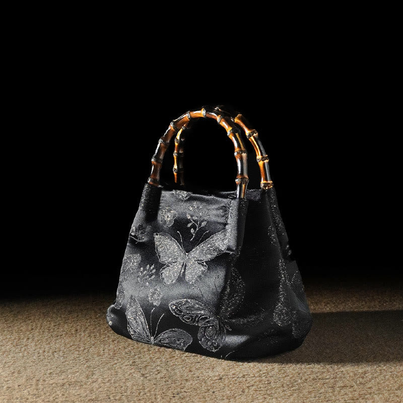 Jacquard-Tasche mit Schmetterlingsblumen und Bambusgriff | Spirituelles Accessoire