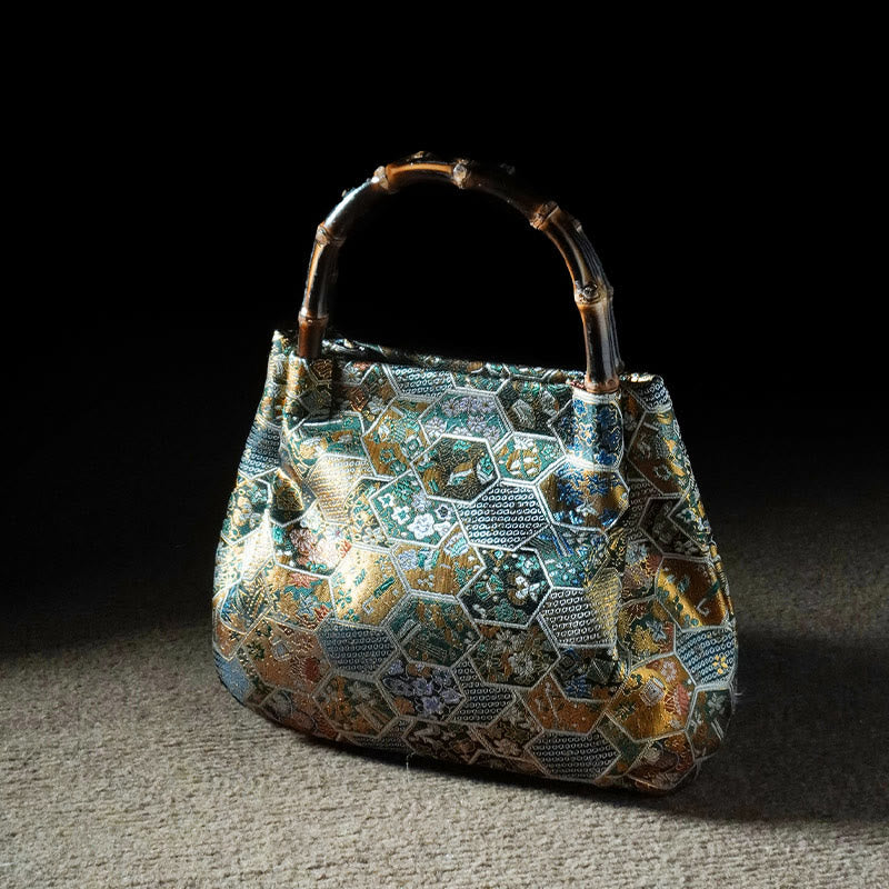 Jacquard-Tasche mit Schmetterlingsblumen und Bambusgriff | Spirituelles Accessoire