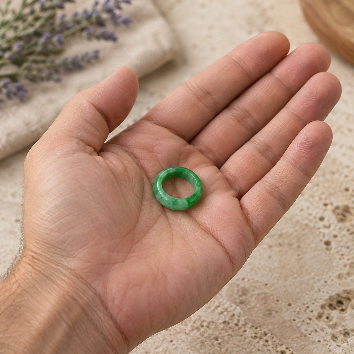 Unisex Jade Abundance Ring for Luck and Prosperity, held in the hand to show its real size