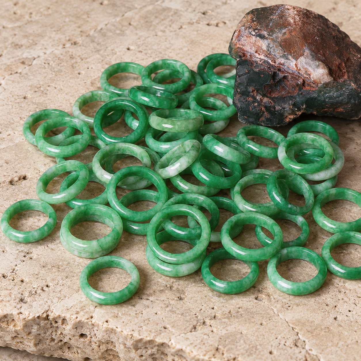 Unisex Jade Abundance Ring for Luck and Prosperity, many rings piled