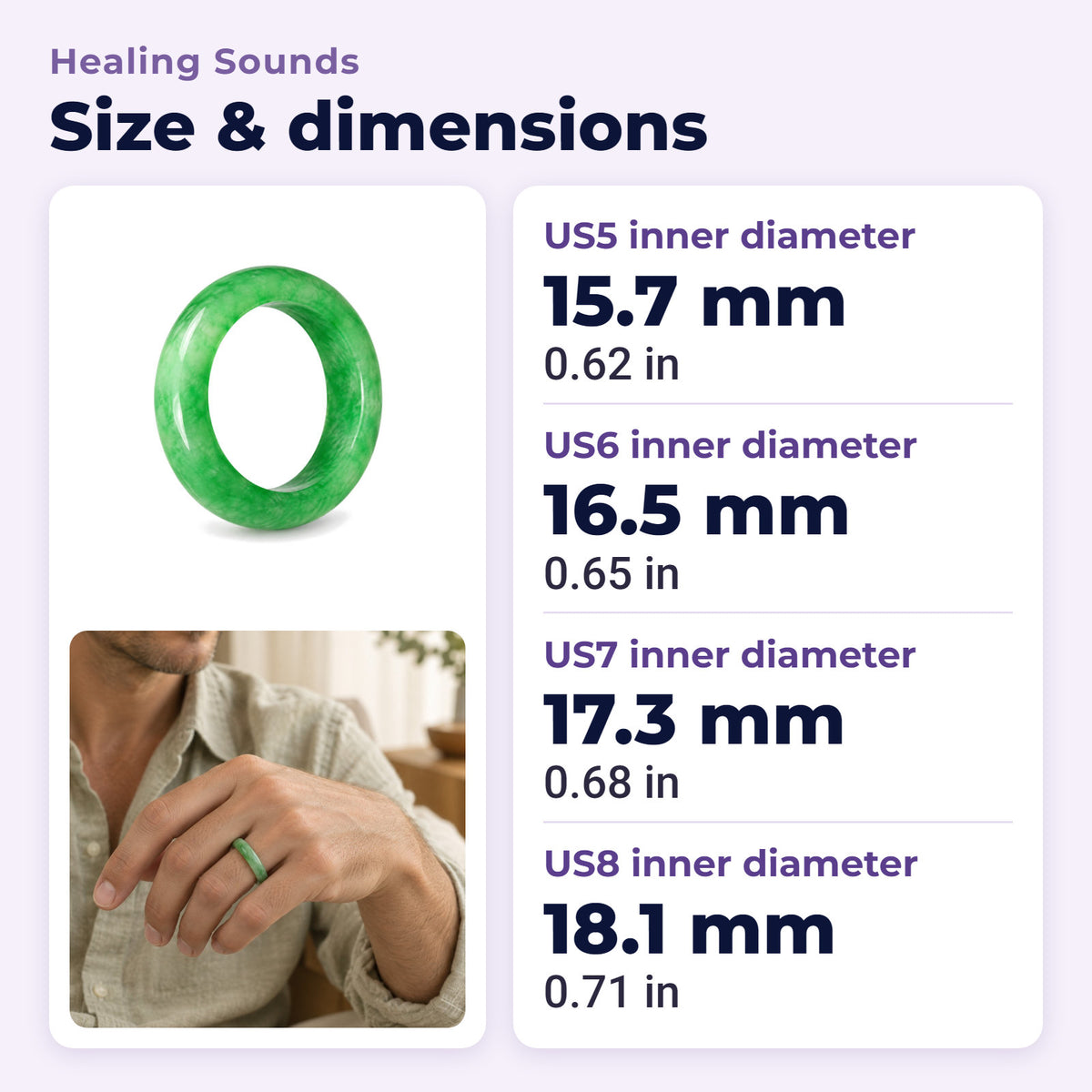 Unisex Jade Abundance Ring for Luck and Prosperity, size and dimensions in millimetres and inches