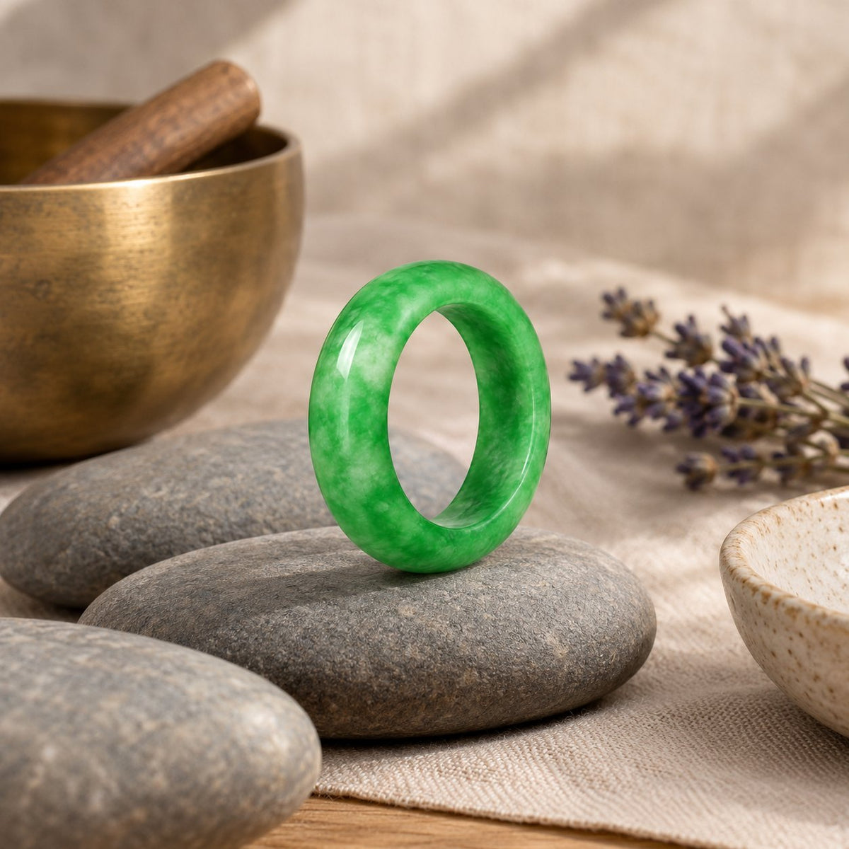 Unisex Jade Abundance Ring for Luck and Prosperity, styled with a singing bowl and lavender