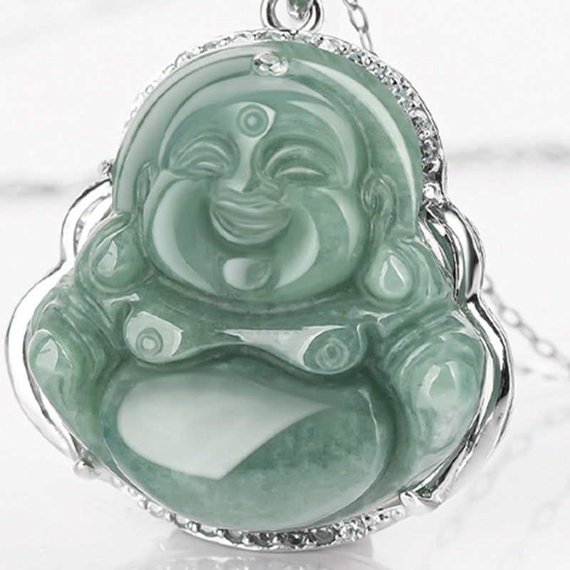 Jade Lachender Buddha Halskette 925 Sterling Silber Anhänger