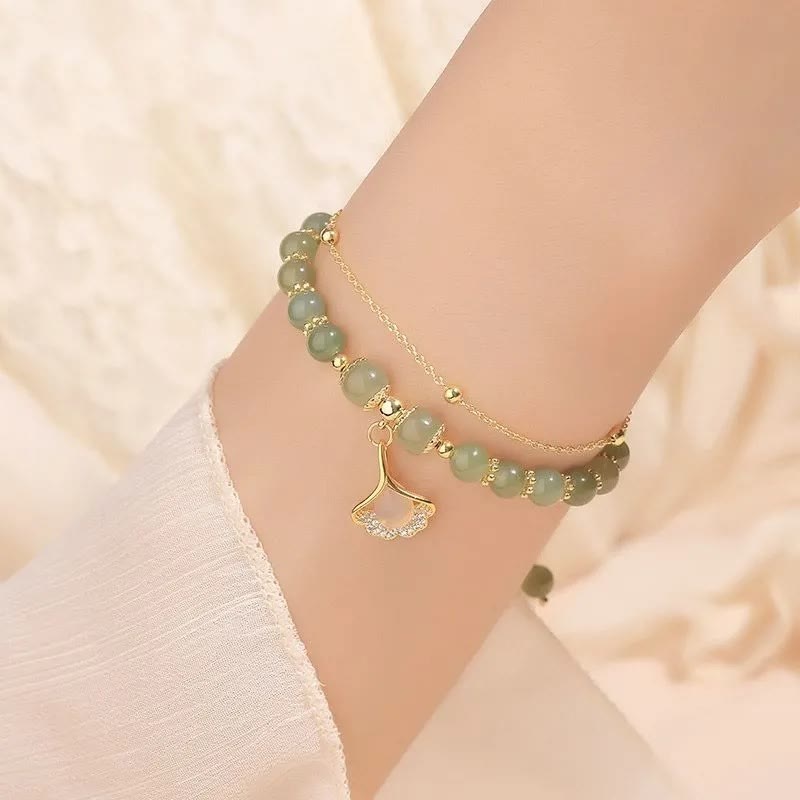 Jade-Glücksperlenarmband mit Blatt-, Tulpen- und Fu-Symbol