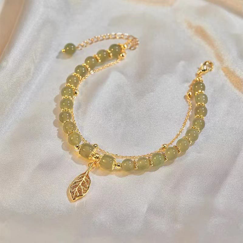 Jade-Glücksperlenarmband mit Blatt-, Tulpen- und Fu-Symbol