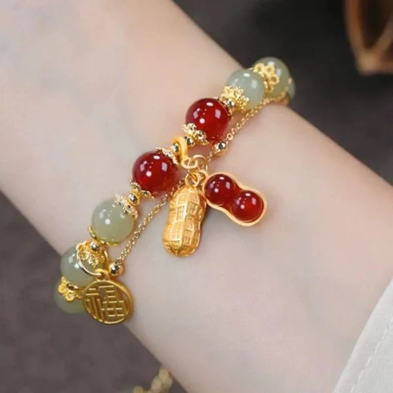 Jade-Glücksperlenarmband mit Blatt-, Tulpen- und Fu-Symbol