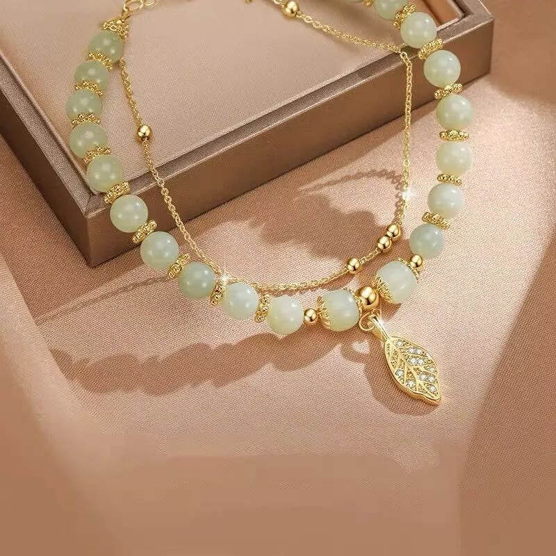 Jade-Glücksperlenarmband mit Blatt-, Tulpen- und Fu-Symbol