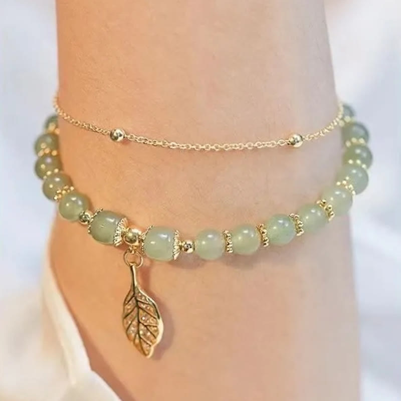 Jade-Glücksperlenarmband mit Blatt-, Tulpen- und Fu-Symbol