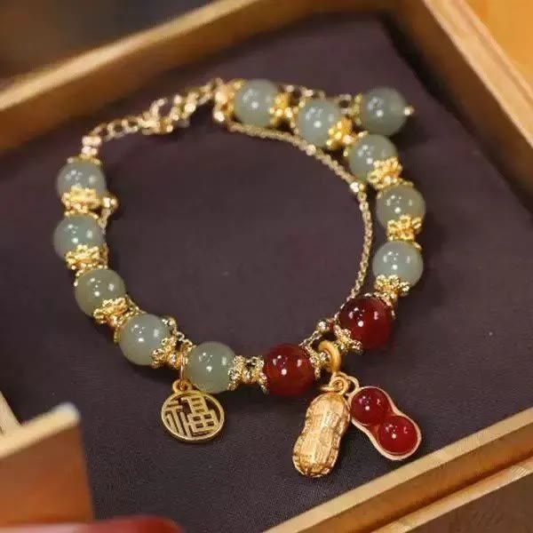 Jade-Glücksperlenarmband mit Blatt-, Tulpen- und Fu-Symbol