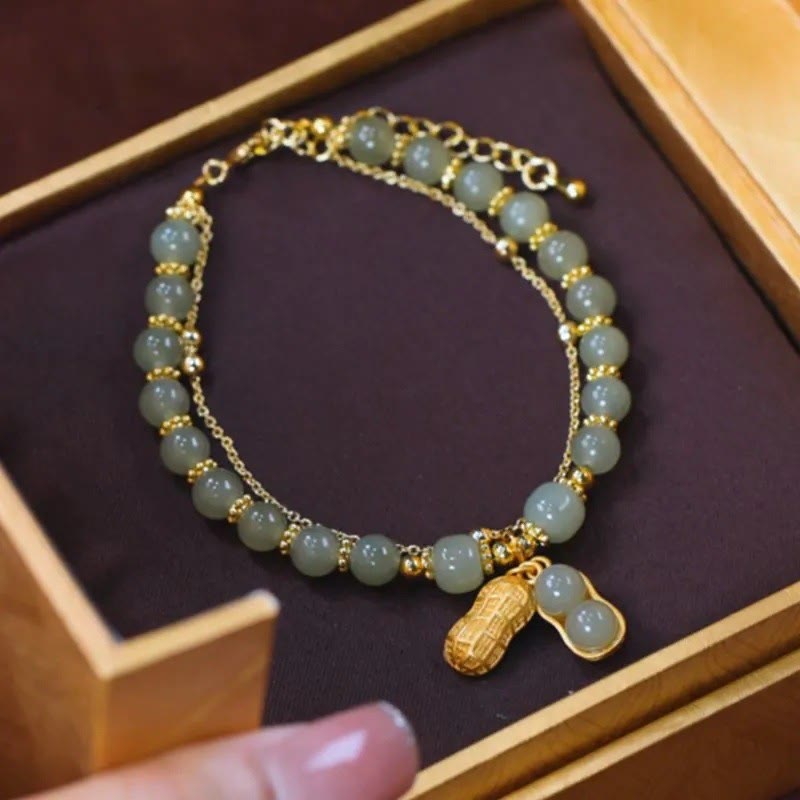 Jade-Glücksperlenarmband mit Blatt-, Tulpen- und Fu-Symbol