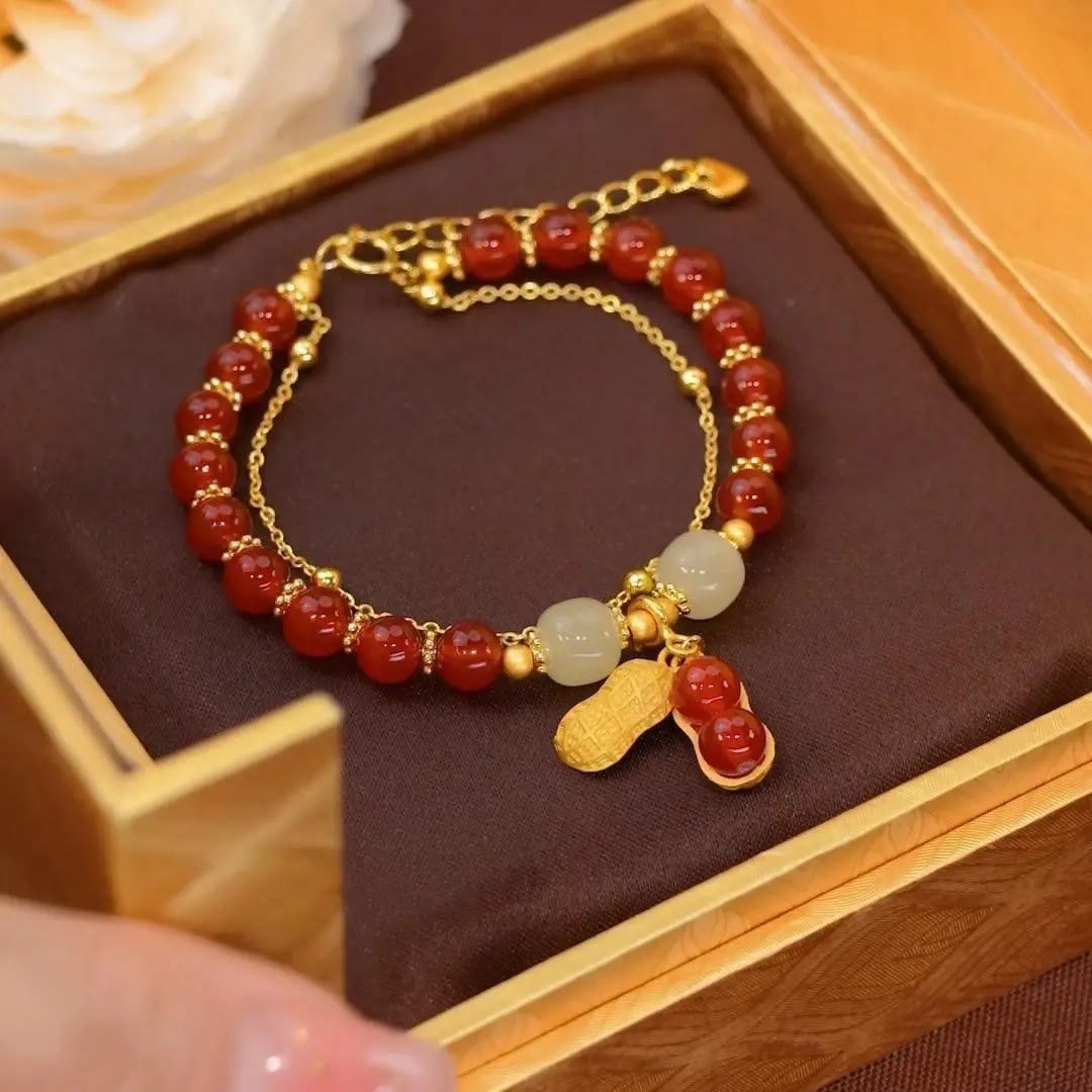 Jade-Glücksperlenarmband mit Blatt-, Tulpen- und Fu-Symbol