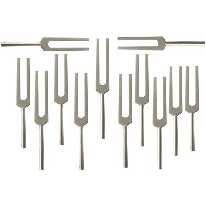 Collection of tuning forks in a row from the Kabbalah Tree Of Life Tuning Fork Set