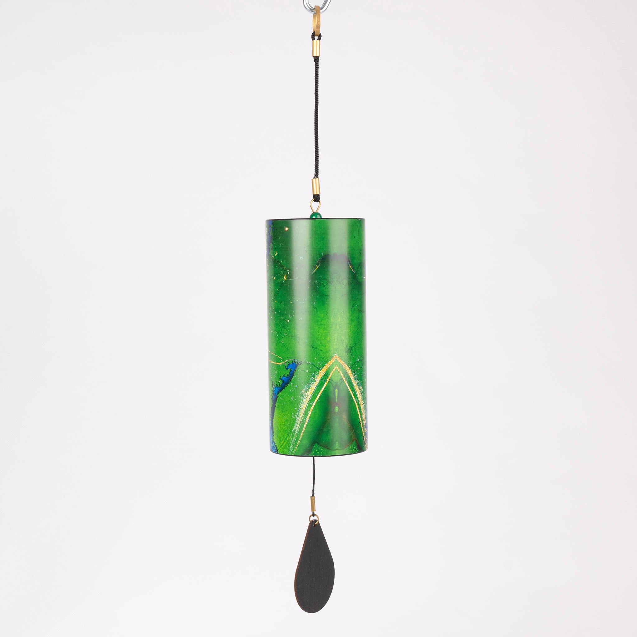 Green cylindrical wind chime with black pendant from Kayu for meditation and sound healing