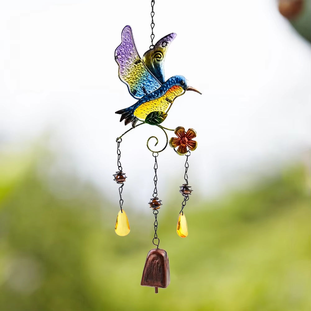 Decorative Hummingbird Wind Chime with Colorful Glass Wings and Bells for Kinetic Metal Bird Decor