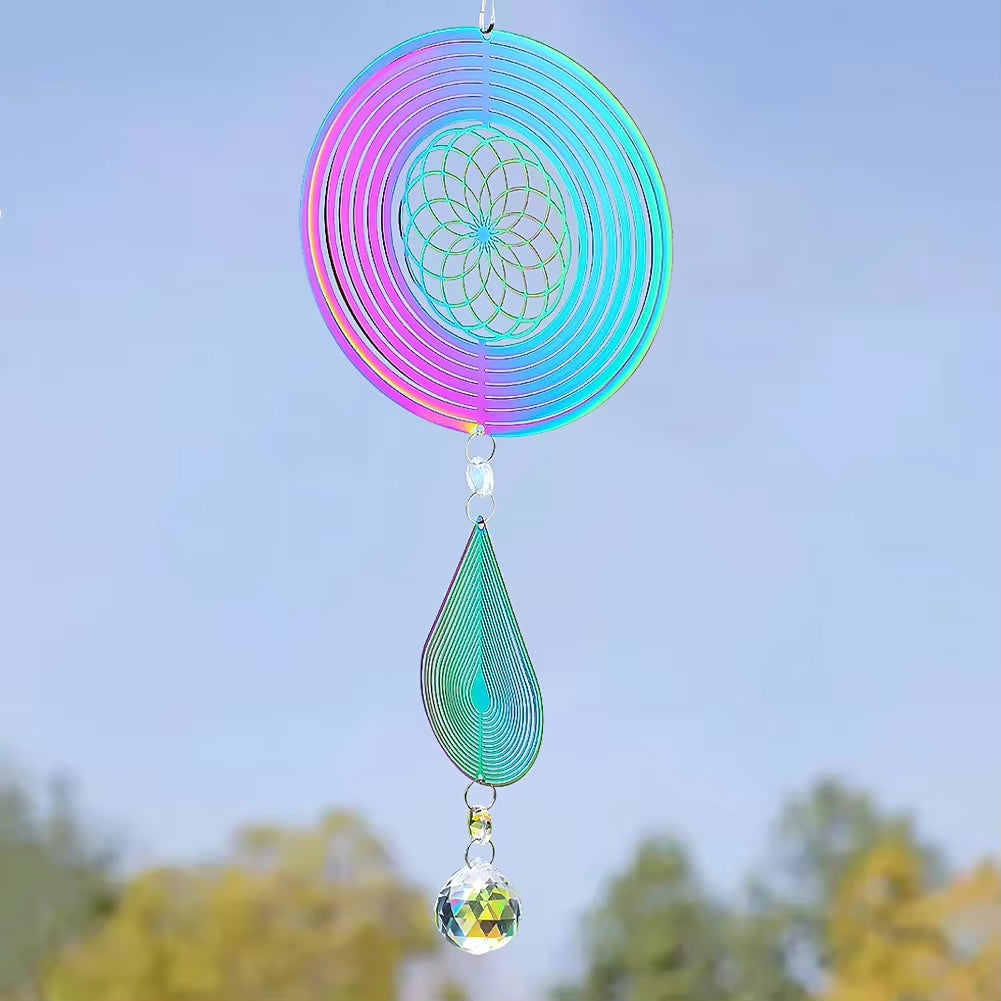 Iridescent circular wind spinner with teardrop crystal and hanging prism design