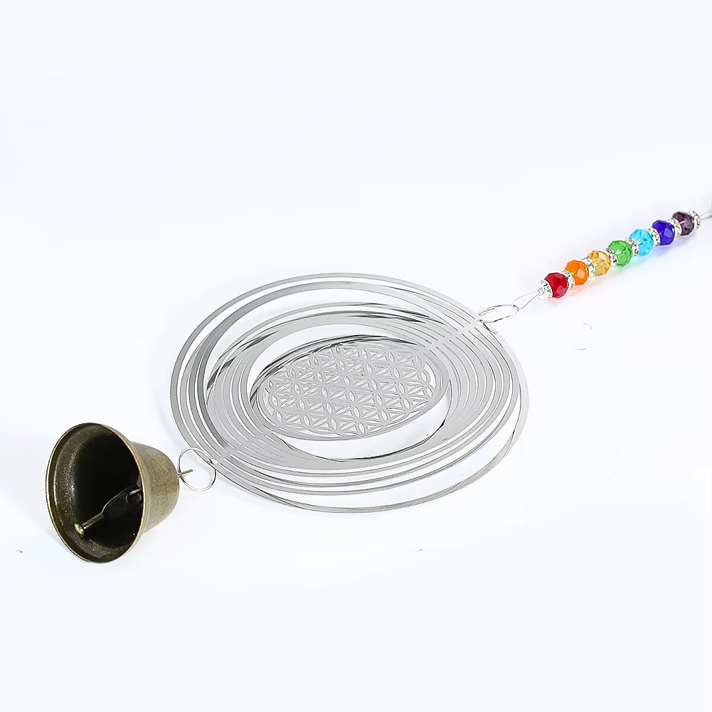 Kinetic Metal Wind Spinner with Spiral Disc and Rainbow-Colored Beads for Garden Decor