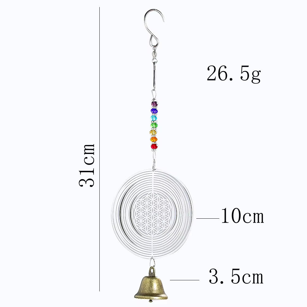 Kinetic Metal Wind Spinner for Garden Decor with Rainbow Chakra Beads and Bell Pendant