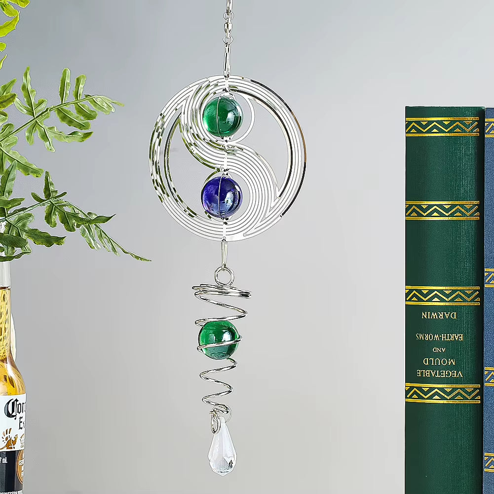 Kinetic Metal Yin Yang Garden Wind Spinner with green and blue beads and crystal pendant