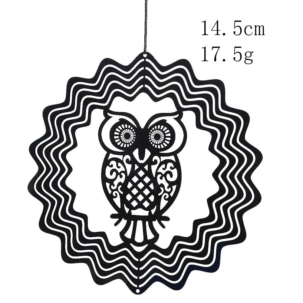 Decorative owl design in wavy circular border on Kinetic Stainless Steel Wind Spinner