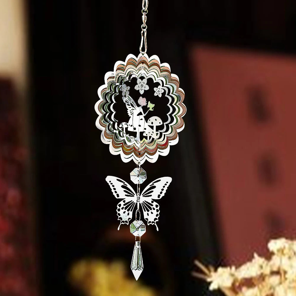 Decorative metal wind spinner with butterflies and crystals, perfect for outdoor decor