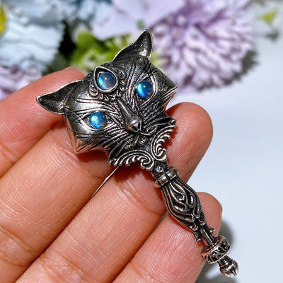 Labradorit-Granat-Silber-Katzenanhänger für spirituelle Heilung, 5,4 cm