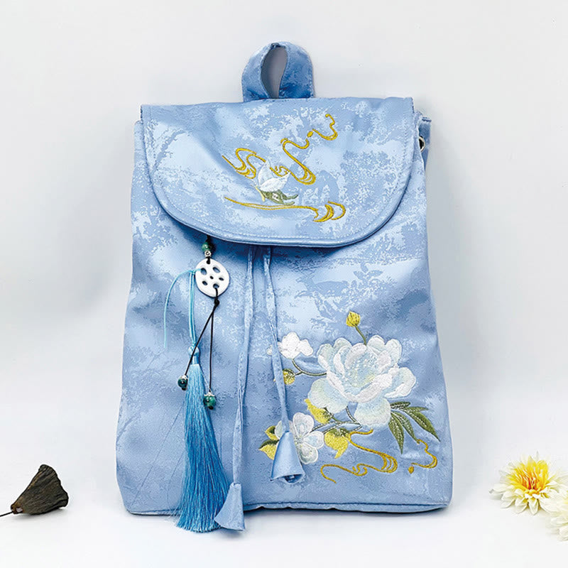 Großer blauer Rucksack mit Kamelien-Stickerei, Spiritual Collection