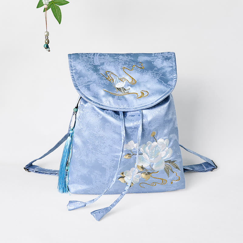 Großer blauer Rucksack mit Kamelien-Stickerei, Spiritual Collection