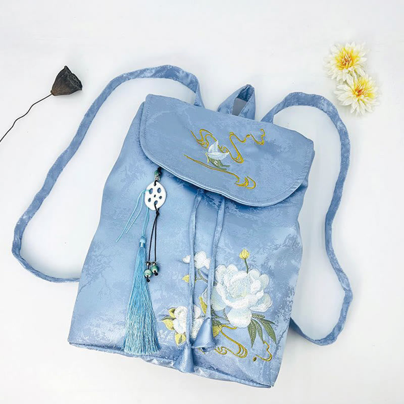 Großer blauer Rucksack mit Kamelien-Stickerei, Spiritual Collection