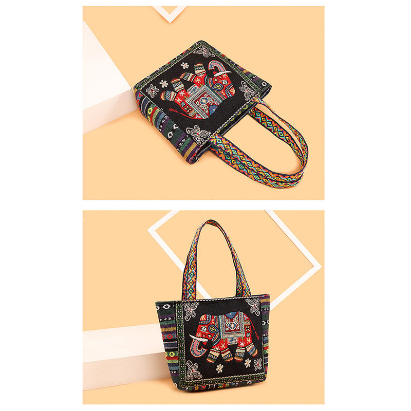 Große Canvas-Tragetasche mit Elefanten-Schmetterlings-Stickerei – Spiritueller Charme